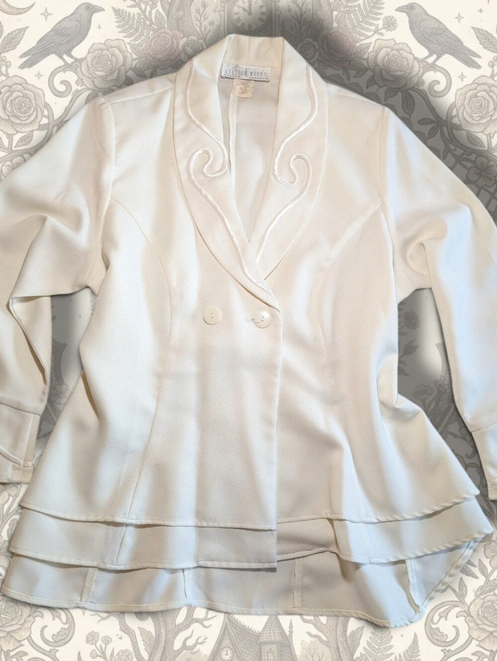 Vintage 80s Soutache Peplum Blazer Jacket Plus 14W Coquette Romantic White Goth